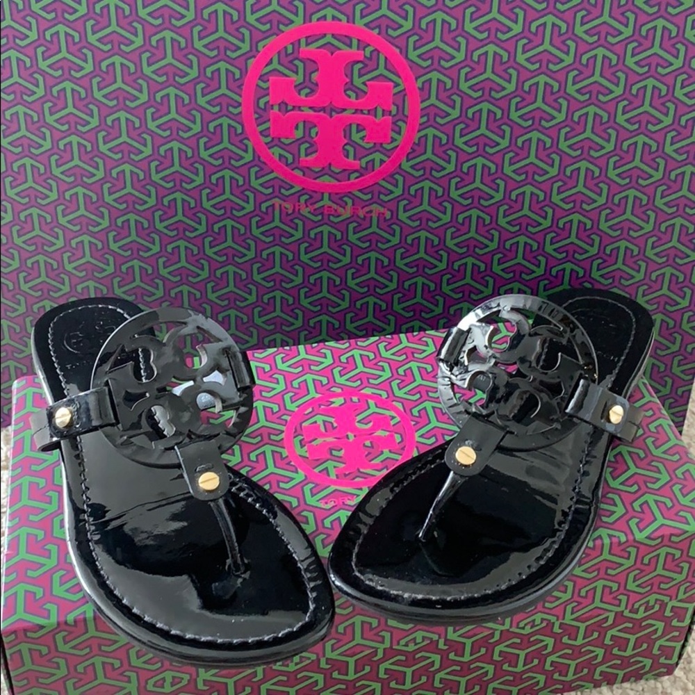 Tory Burch Miller Sandals Black Patent Size 6